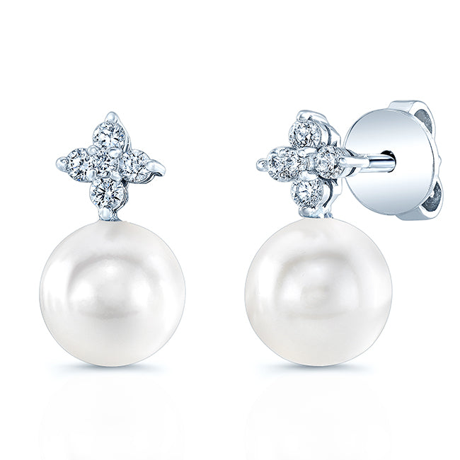 Pearl And Diamond Drop Earrings In 14k White Gold