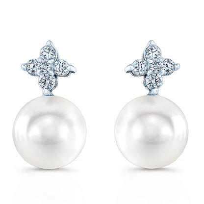 Pearl And Diamond Drop Earrings In 14k White Gold