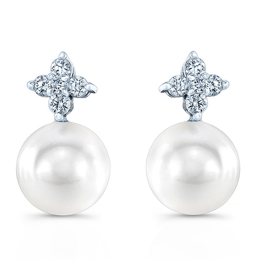 Pearl And Diamond Drop Earrings In 14k White Gold