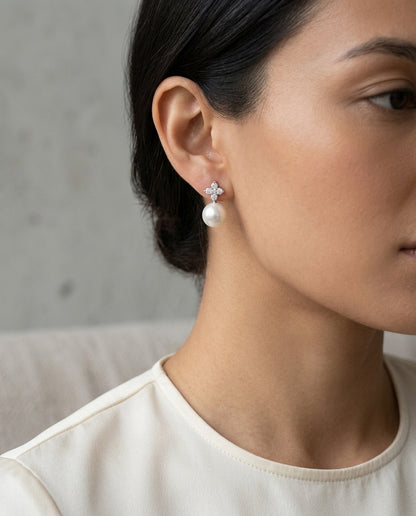 Pearl And Diamond Drop Earrings In 14k White Gold — editorial close-up