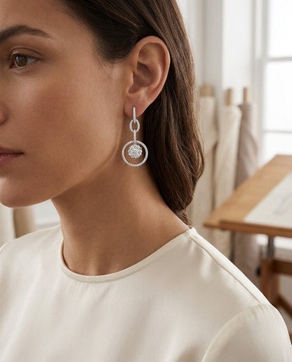 Diamond Oval Link Dangle Earrings In 14k White Gold — editorial close-up