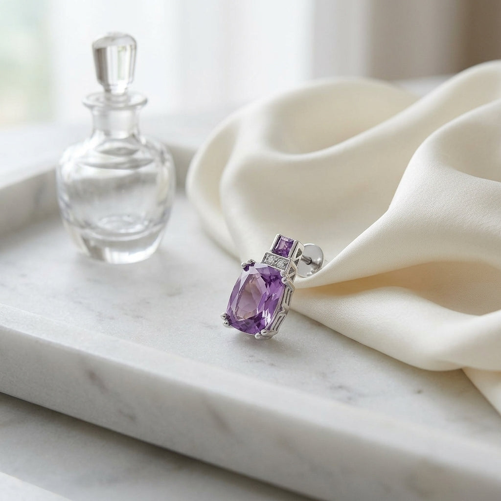 Amethyst And Diamond Cushion Drop Earrings In 14k White Gold — atelier still life