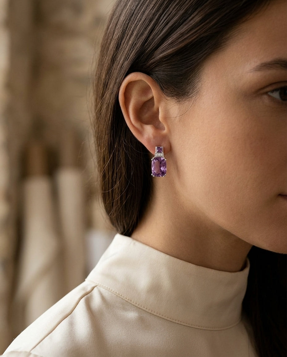 Amethyst And Diamond Cushion Drop Earrings In 14k White Gold — editorial close-up