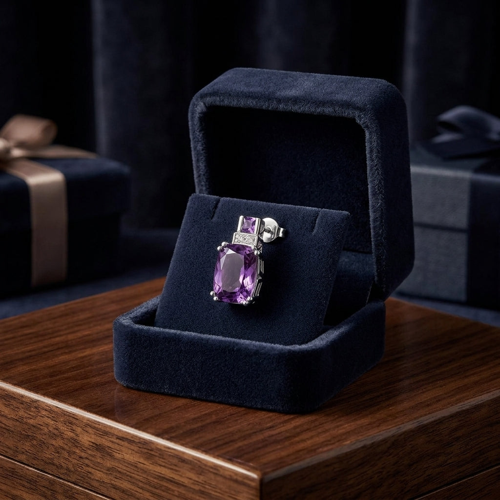 Amethyst And Diamond Cushion Drop Earrings In 14k White Gold — gift presentation