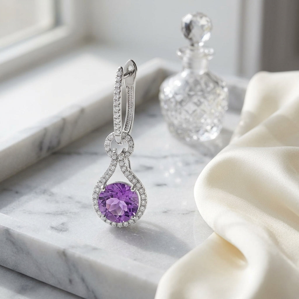 Amethyst Round  & Diamond Earring In 14k White Gold — atelier still life