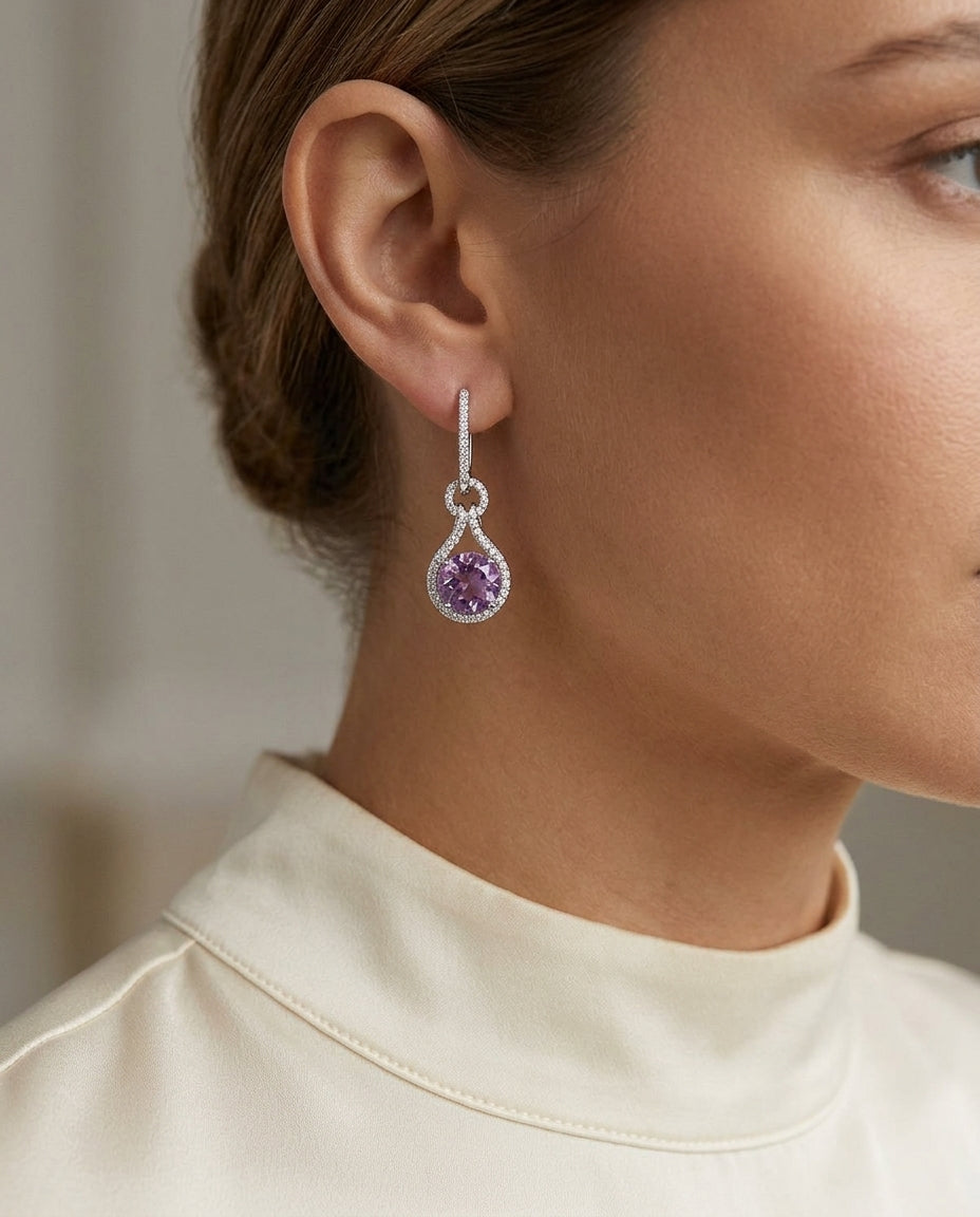 Amethyst Round  & Diamond Earring In 14k White Gold — editorial close-up