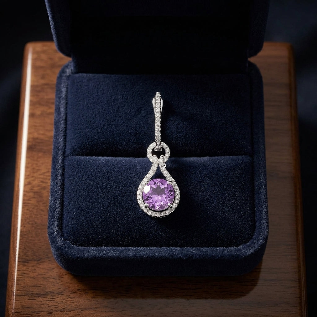 Amethyst Round  & Diamond Earring In 14k White Gold — gift presentation