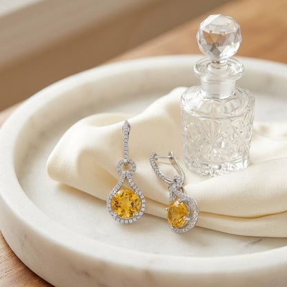 Citrine And Diamond Round Doorknocker Earrings In 14k White Gold (8mm) — marble silk