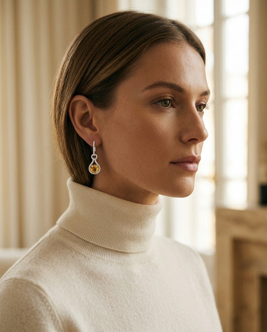 Citrine And Diamond Round Doorknocker Earrings In 14k White Gold (8mm) — portrait close