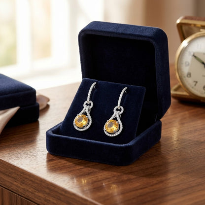 Citrine And Diamond Round Doorknocker Earrings In 14k White Gold (8mm) — velvet box