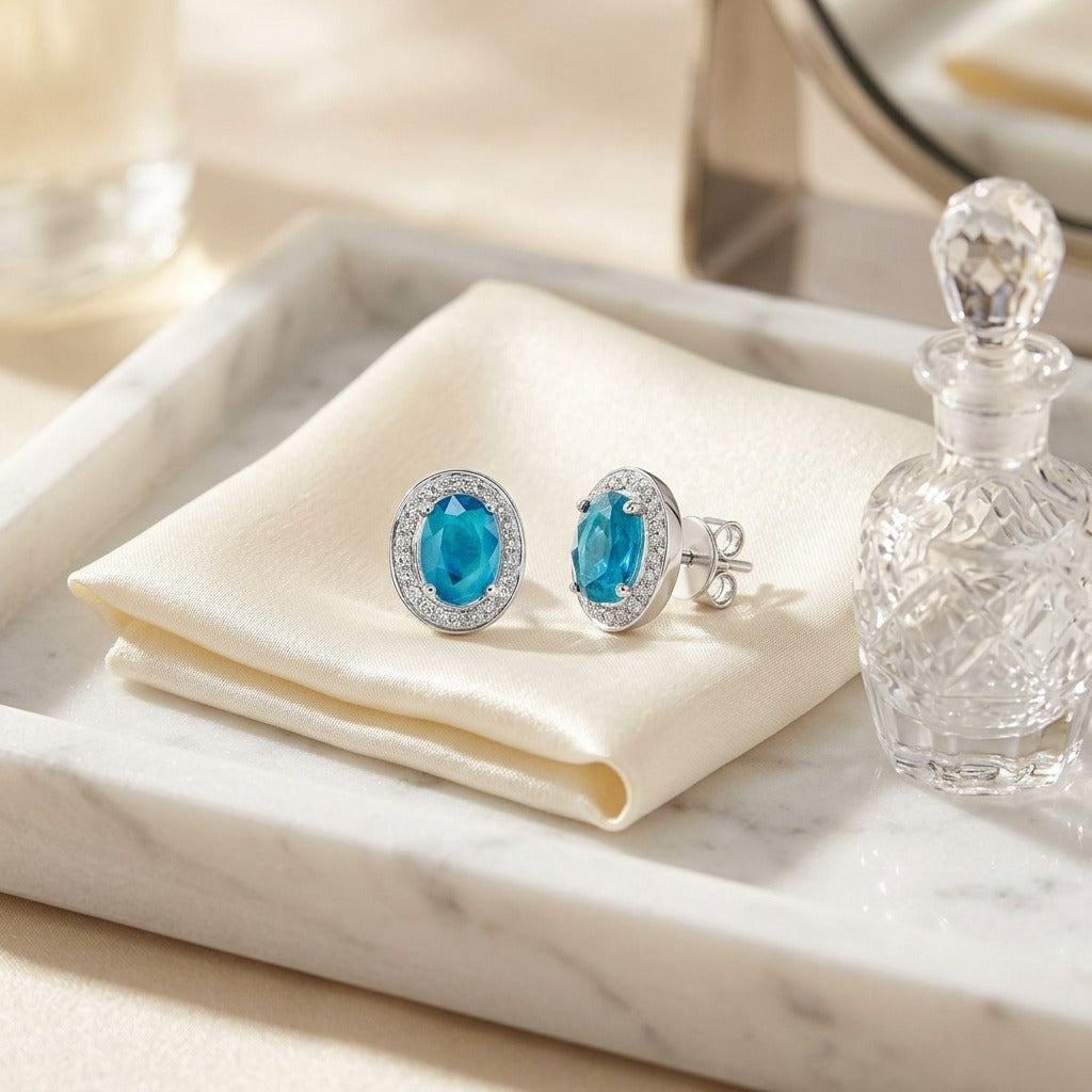 Aquamarine And Diamond Oval Halo Stud Earrings In 14k White Gold (8x6mm) — marble silk