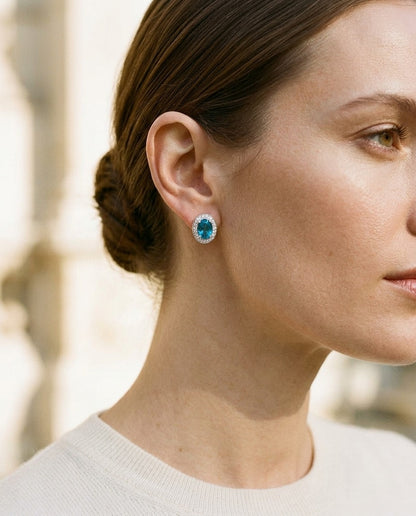 Aquamarine And Diamond Oval Halo Stud Earrings In 14k White Gold (8x6mm) — portrait close