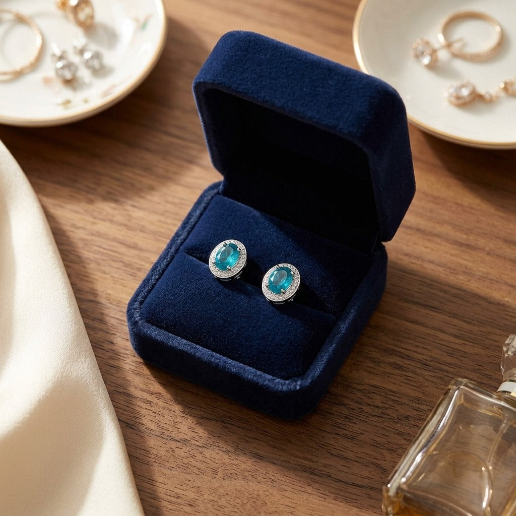 Aquamarine And Diamond Oval Halo Stud Earrings In 14k White Gold (8x6mm) — velvet box