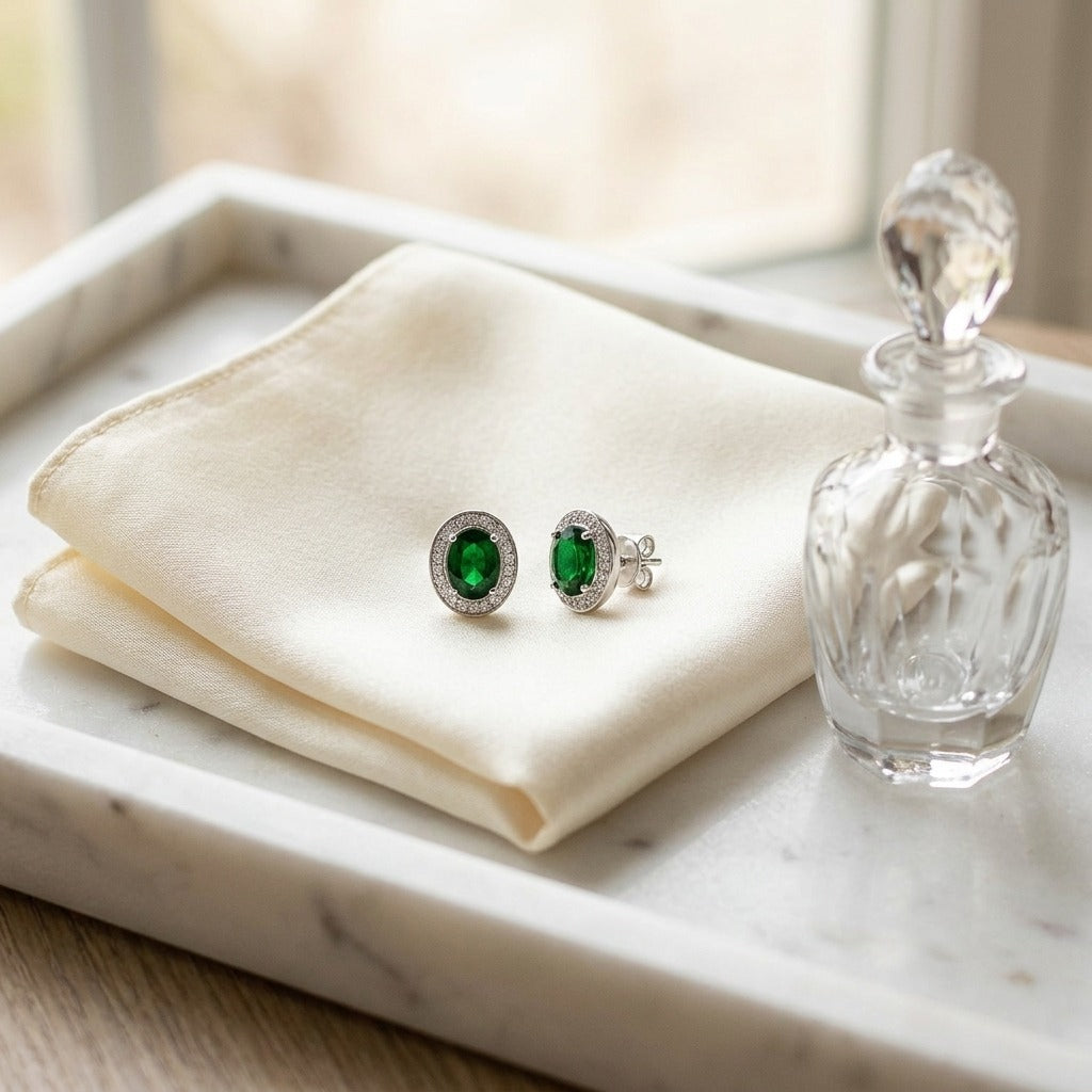Emerald Oval And Diamond Earrings In 14k White Gold (8x6mm) — marble silk