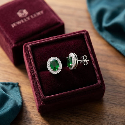 Emerald Oval And Diamond Earrings In 14k White Gold (8x6mm) — velvet box