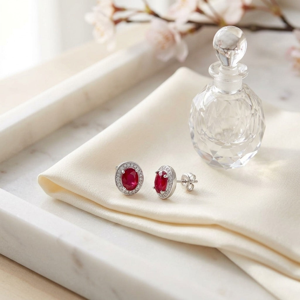 Ruby and Diamond Oval Halo Earrings in 14k White Gold — marble silk