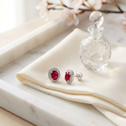 Ruby and Diamond Oval Halo Earrings in 14k White Gold — marble silk
