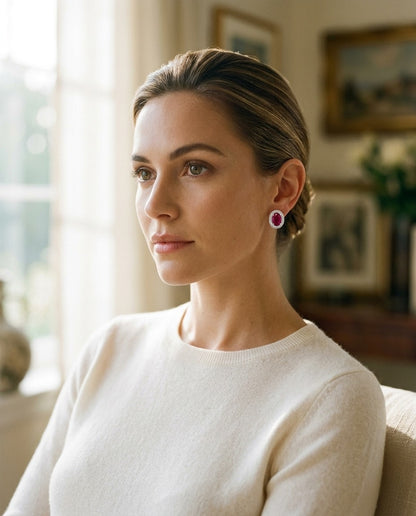 Ruby and Diamond Oval Halo Earrings in 14k White Gold — portrait full