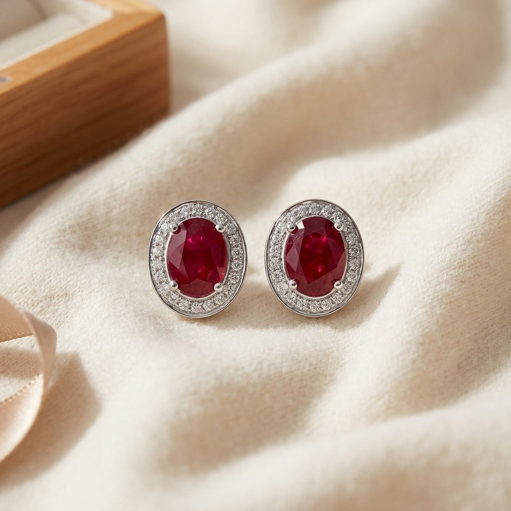 Ruby and Diamond Oval Halo Earrings in 14k White Gold — textile flat lay