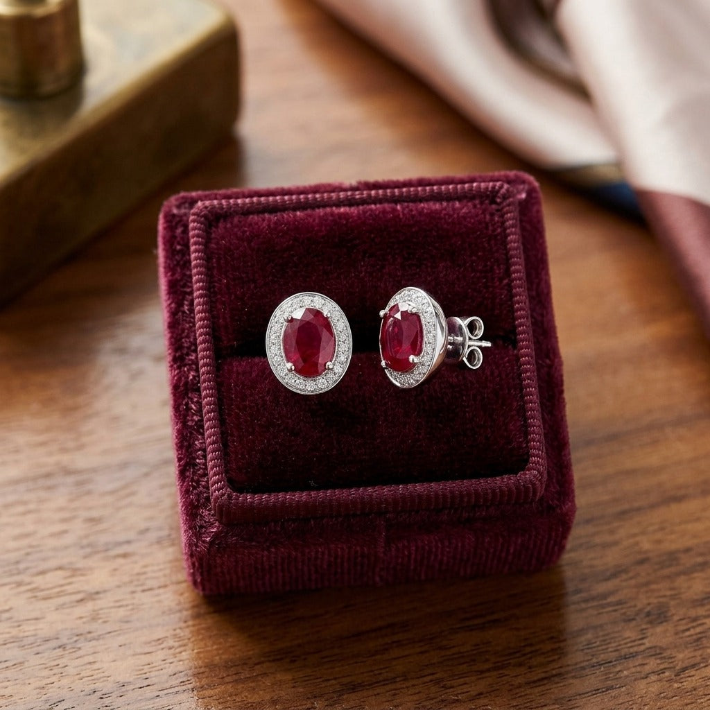 Ruby and Diamond Oval Halo Earrings in 14k White Gold — velvet box