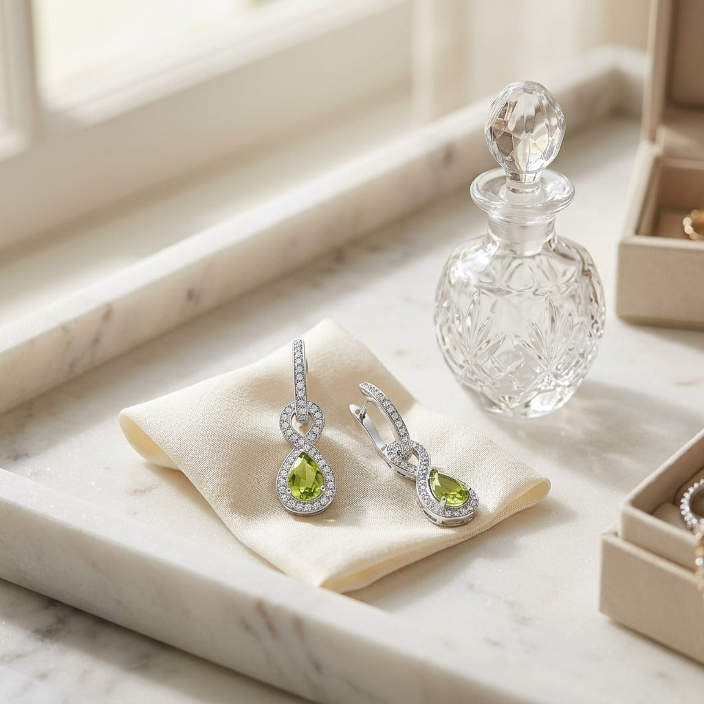 Peridot And Diamond Infinity Dangle Earrings In 14k White Gold — marble silk