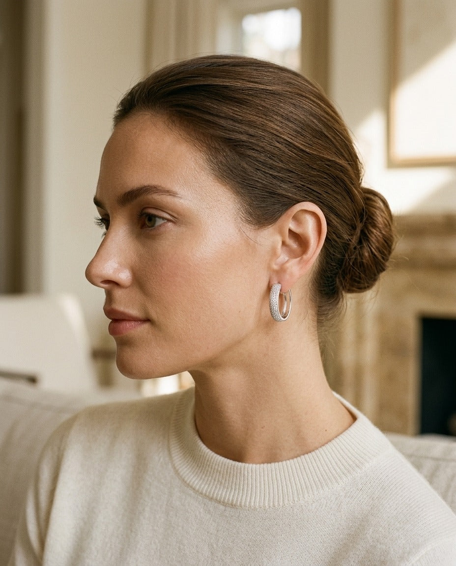 Diamond Princess Cut Huggie Earrings In 14k White Gold 1.0ctw — portrait close