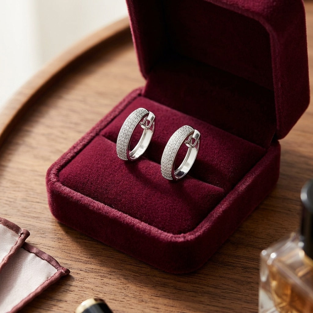 Diamond Princess Cut Huggie Earrings In 14k White Gold 1.0ctw — velvet box