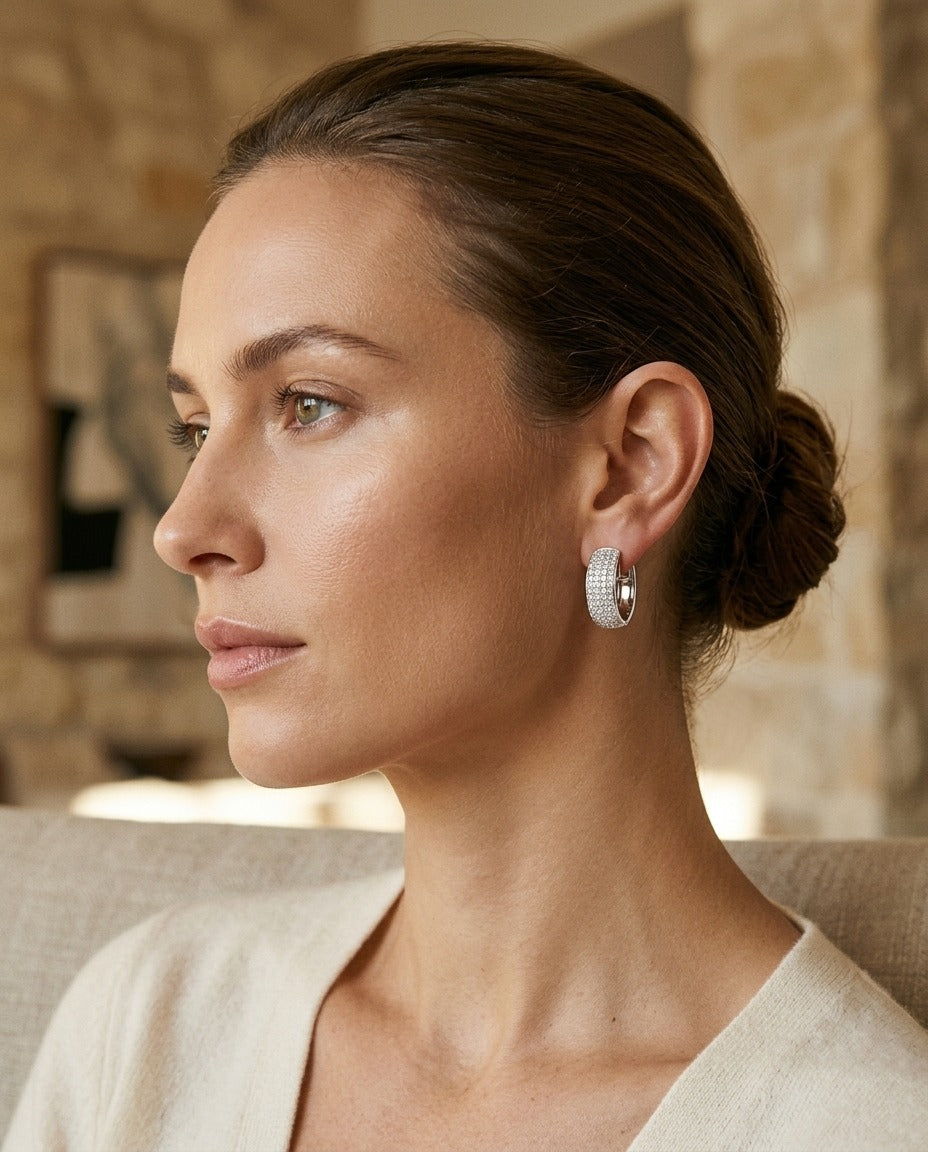 Diamond Princess Cut Huggie Earrings In 14k White Gold 1.50ctw — portrait close