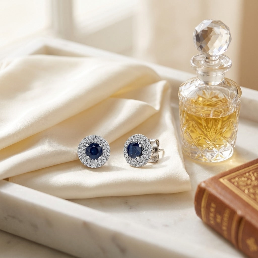 Sapphire and Diamond Double Halo Earrings in 14k White Gold (1/4 Ctw) — marble silk