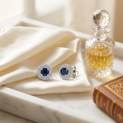 Sapphire and Diamond Double Halo Earrings in 14k White Gold (1/4 Ctw) — marble silk