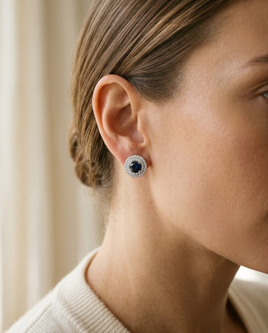 Sapphire and Diamond Double Halo Earrings in 14k White Gold (1/4 Ctw) — portrait close