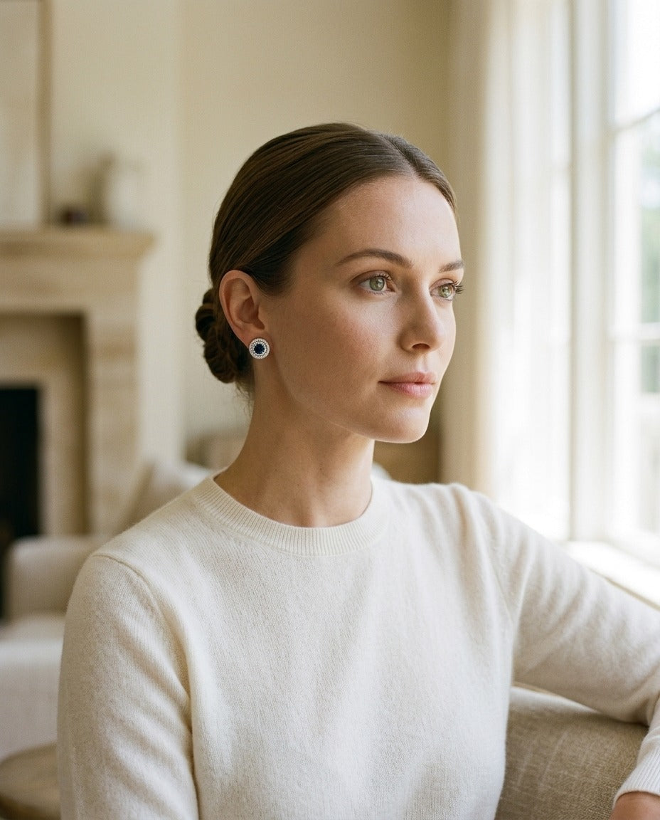Sapphire and Diamond Double Halo Earrings in 14k White Gold (1/4 Ctw) — portrait full