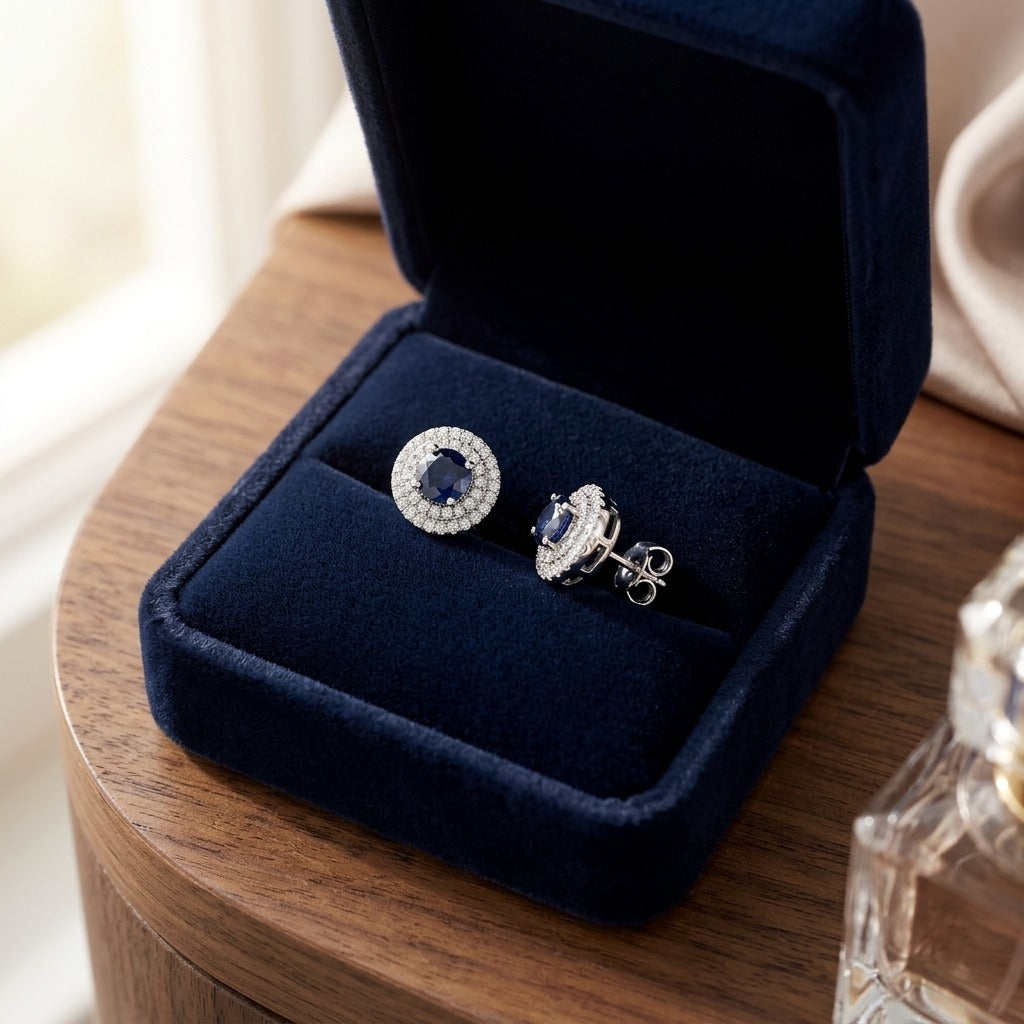 Sapphire and Diamond Double Halo Earrings in 14k White Gold (1/4 Ctw) — velvet box