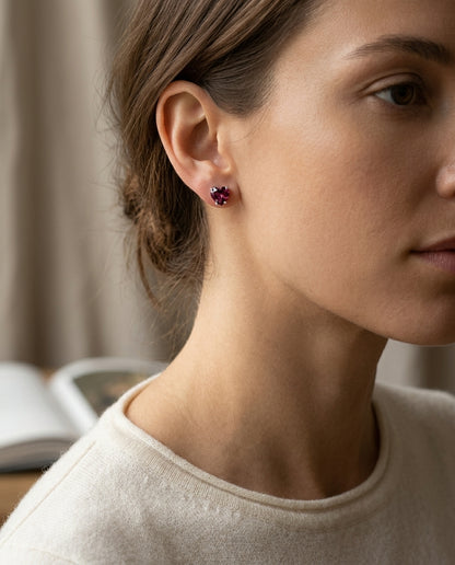 Rhodolite Garnet Heart Stud Earrings In 14k White Gold (6mm) — editorial close-up