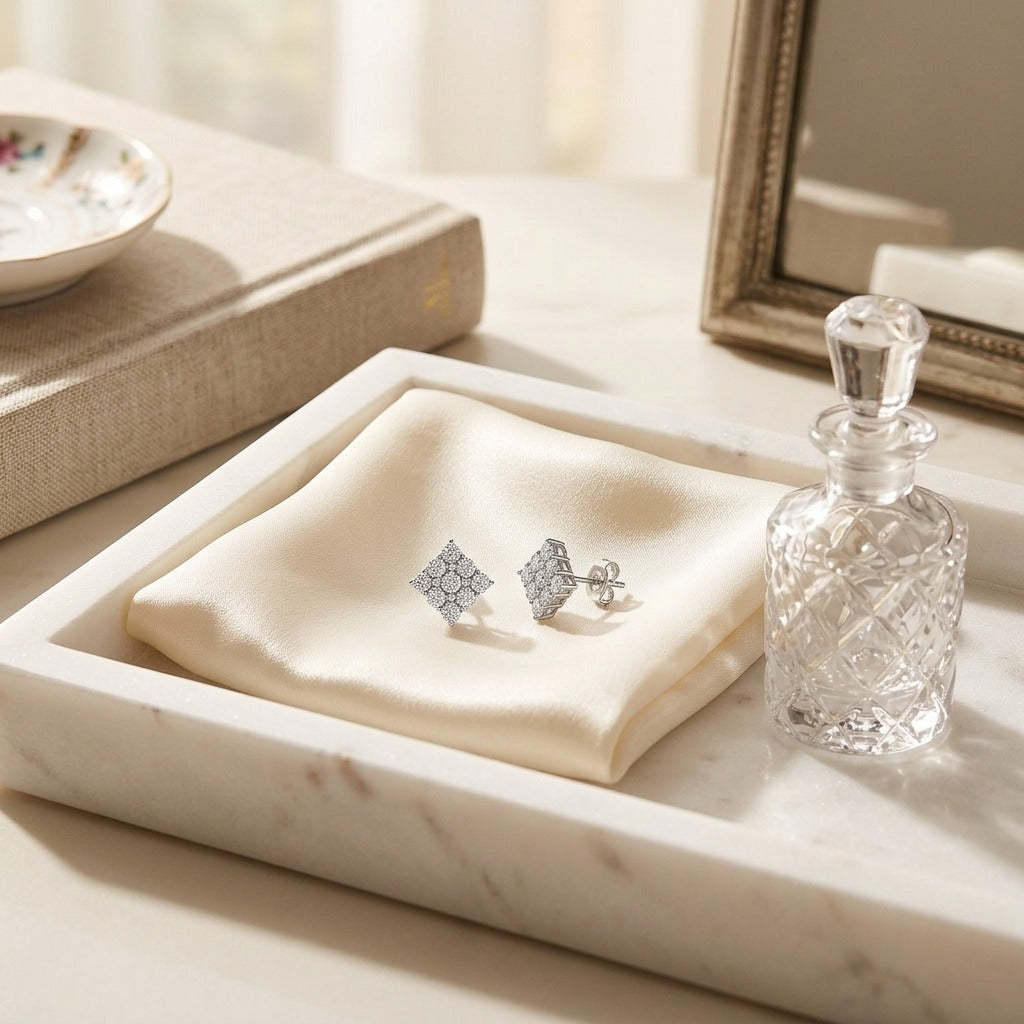 Diamond Square Cluster Earrings In 14k White Gold — marble silk