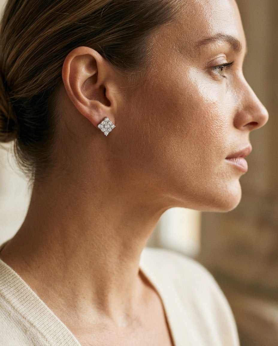 Diamond Square Cluster Earrings In 14k White Gold — portrait close