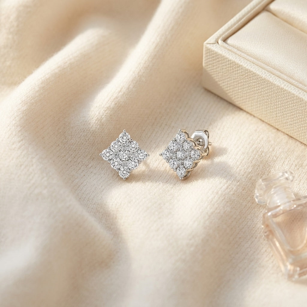 Diamond Square Cluster Earrings In 14k White Gold — textile flat lay
