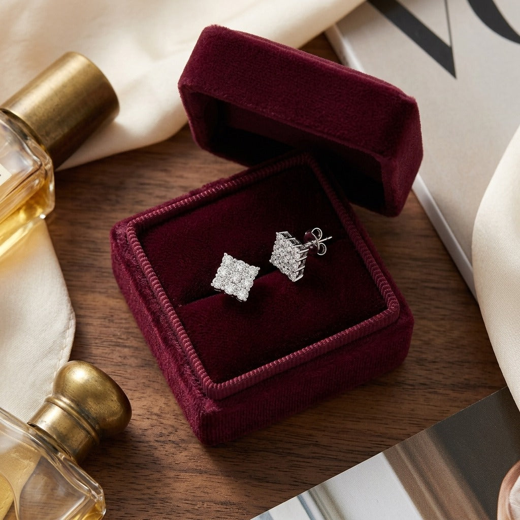 Diamond Square Cluster Earrings In 14k White Gold — velvet box