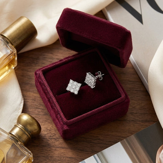 Diamond Square Cluster Earrings In 14k White Gold — velvet box
