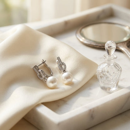 Freshwater Pearl And Diamond Earrings In 14k White Gold (1/6 Ct. Tw.) — marble silk