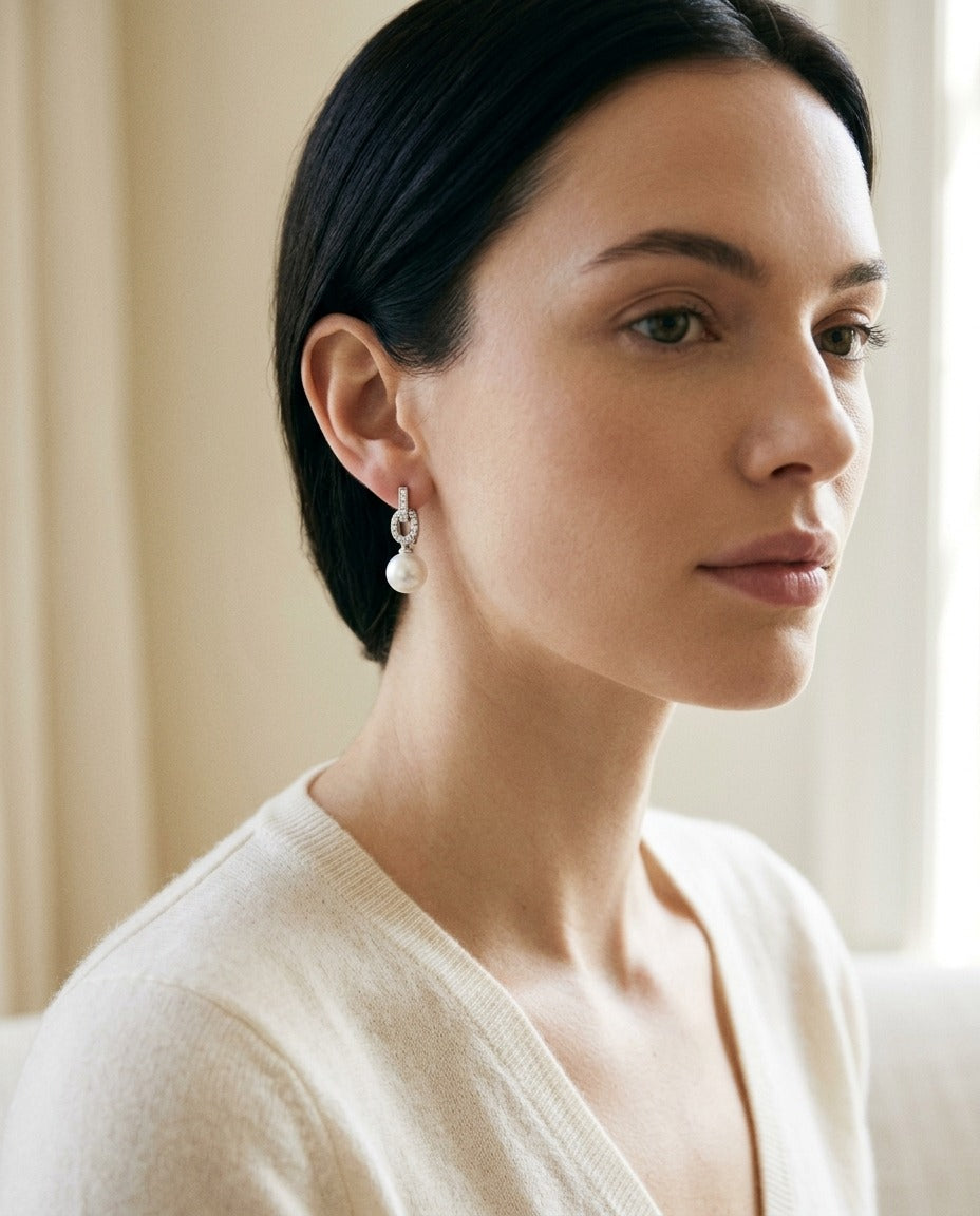 Freshwater Pearl And Diamond Earrings In 14k White Gold (1/6 Ct. Tw.) — portrait close