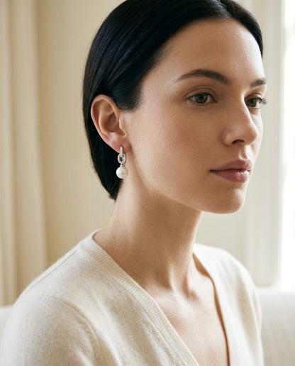 Freshwater Pearl And Diamond Earrings In 14k White Gold (1/6 Ct. Tw.) — portrait close