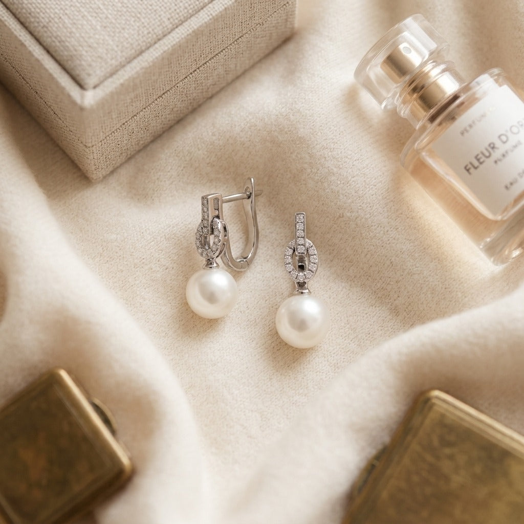 Freshwater Pearl And Diamond Earrings In 14k White Gold (1/6 Ct. Tw.) — textile flat lay