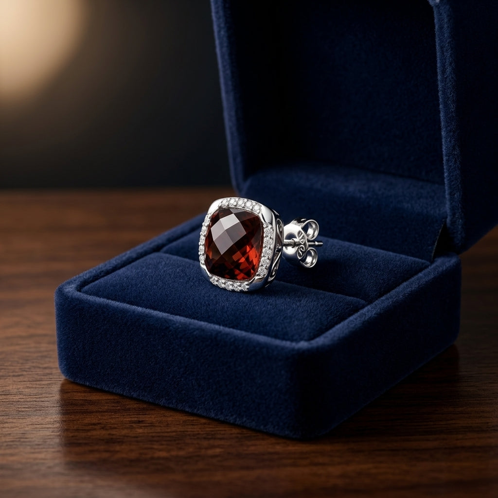 Garnet Cushion And Pave Diamond Earrings In 14k White Gold — gift presentation