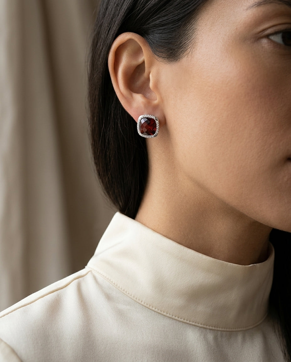 Garnet Cushion And Pave Diamond Earrings In 14k White Gold (1/5 Ct. Tw.) — editorial close-up