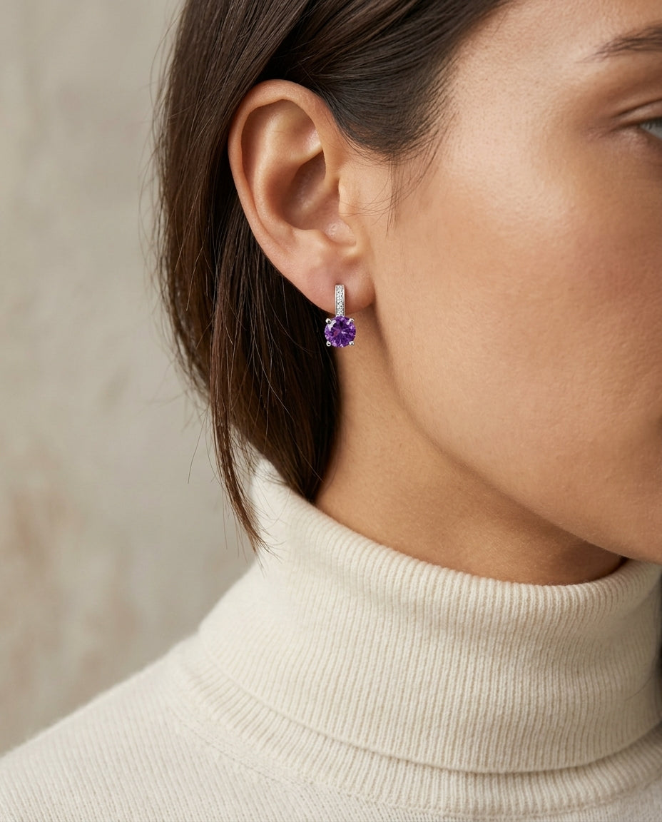 Amethyst & Diamond Drop Earrings in 14K White Gold - editorial hero