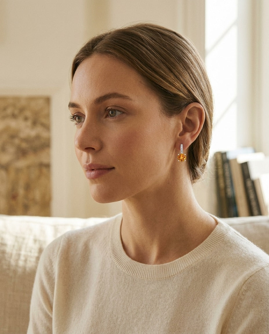 Citrine And Diamond Drop Earrings In 14k White Gold — portrait close