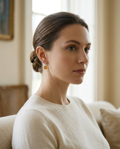 Citrine And Diamond Drop Earrings In 14k White Gold — portrait full