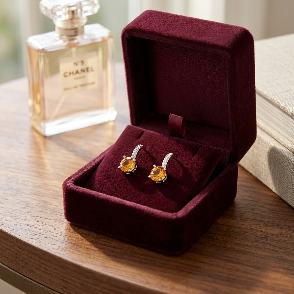 Citrine And Diamond Drop Earrings In 14k White Gold — velvet box