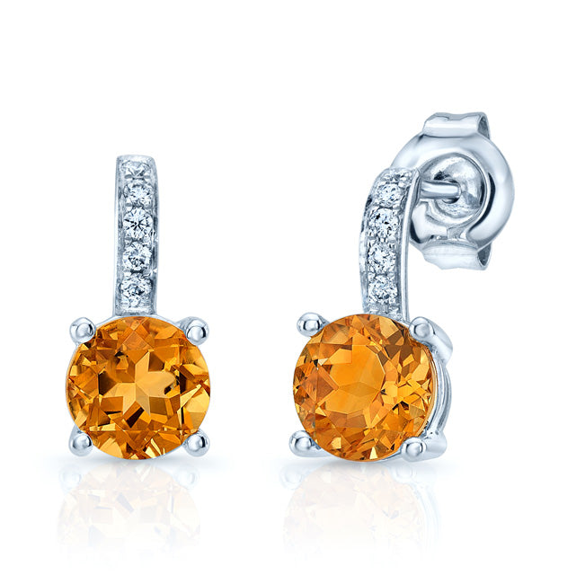 Citrine And Diamond Drop Earrings In 14k White Gold